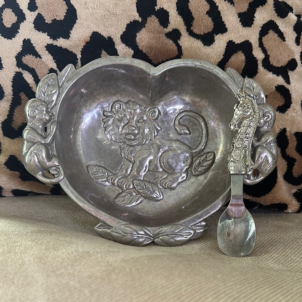 Silver Heart-Shaped Animal Bowl with Spoon
